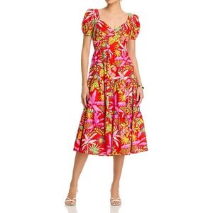 AQUA Women's Red Floral Print Tiered Midi Dress Summer Party Cocktail